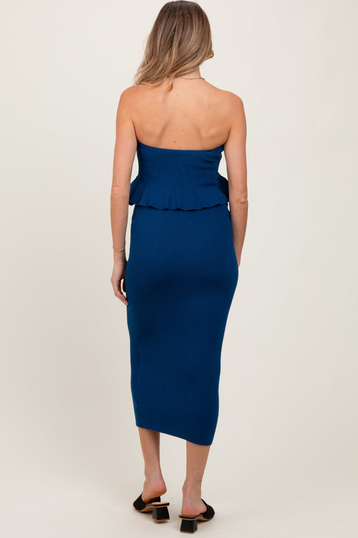 Navy Strapless Ribbed Knit Peplum Top Midi Skirt Maternity Set