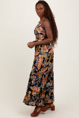 Black Tropical Print Twist Front Cutout Maxi Dress