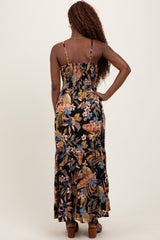 Black Tropical Print Twist Front Cutout Maxi Dress