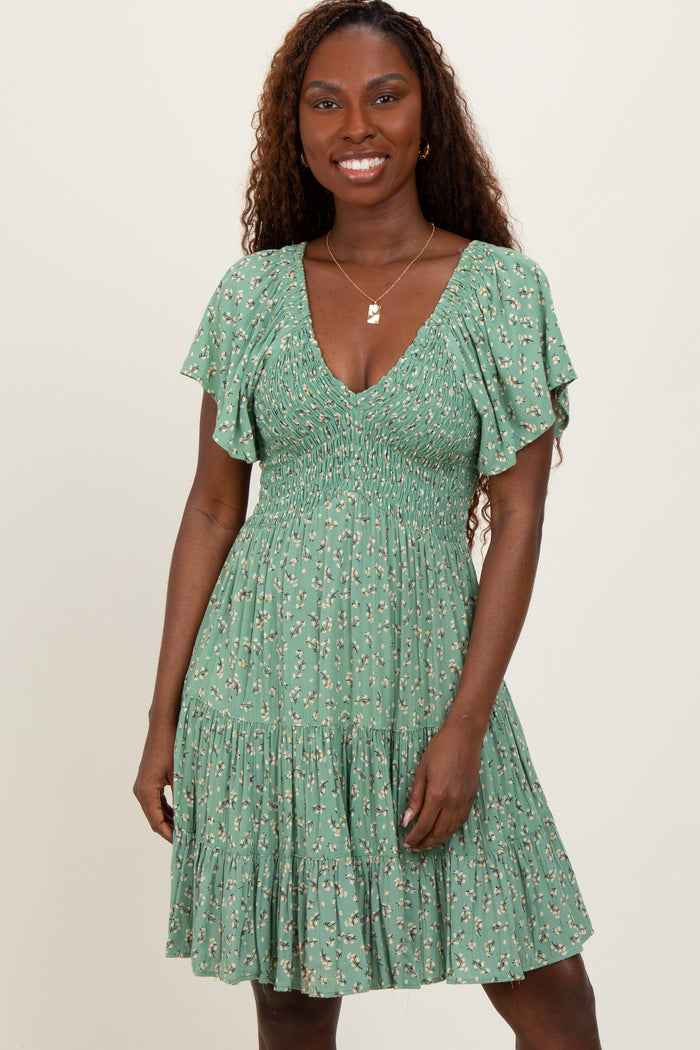 Light Olive Floral Smocked V-Neck Mini Dress