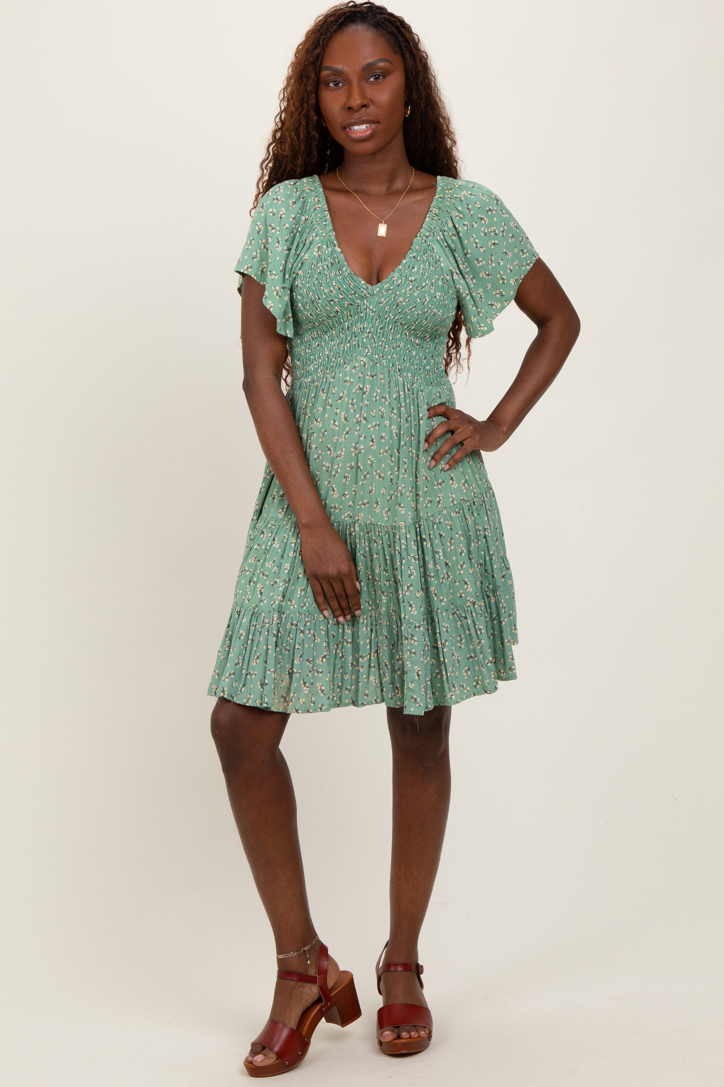 Light Olive Floral Smocked V-Neck Maternity Mini Dress