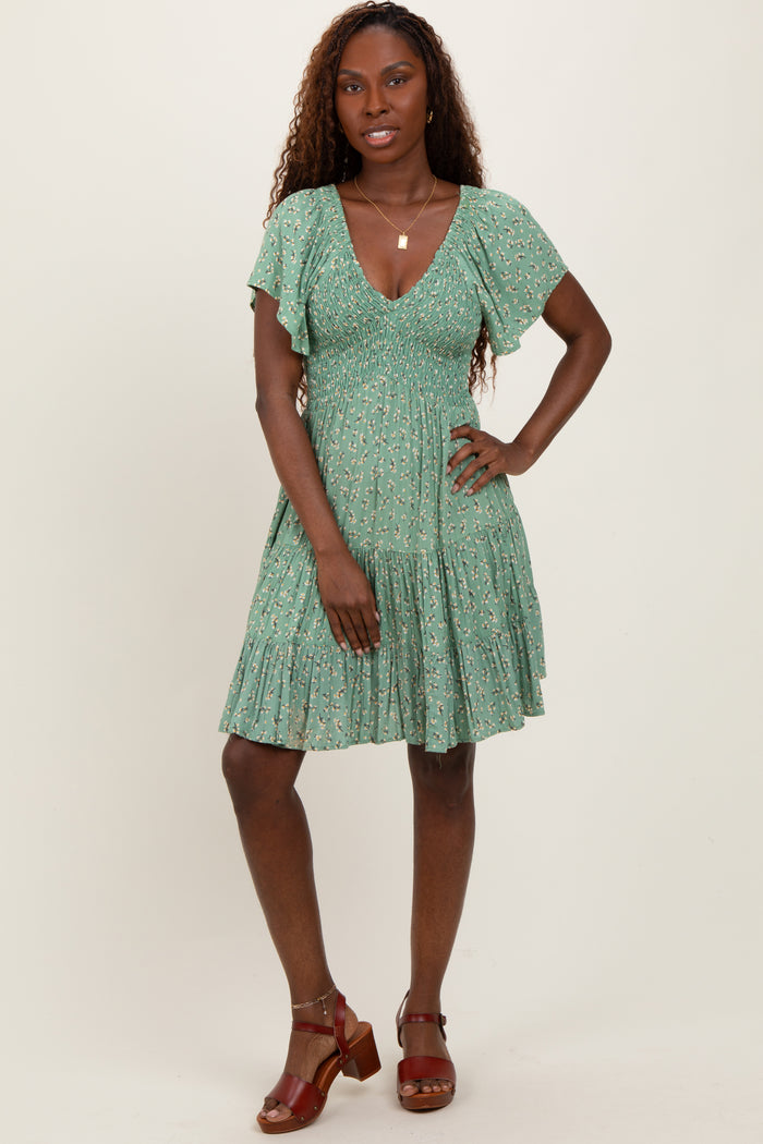 Light Olive Floral Smocked V-Neck Maternity Mini Dress