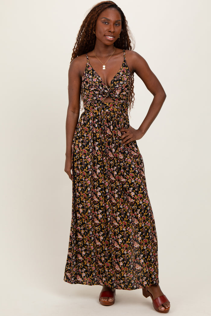 Black Floral Twist Front Cutout Maternity Maxi Dress