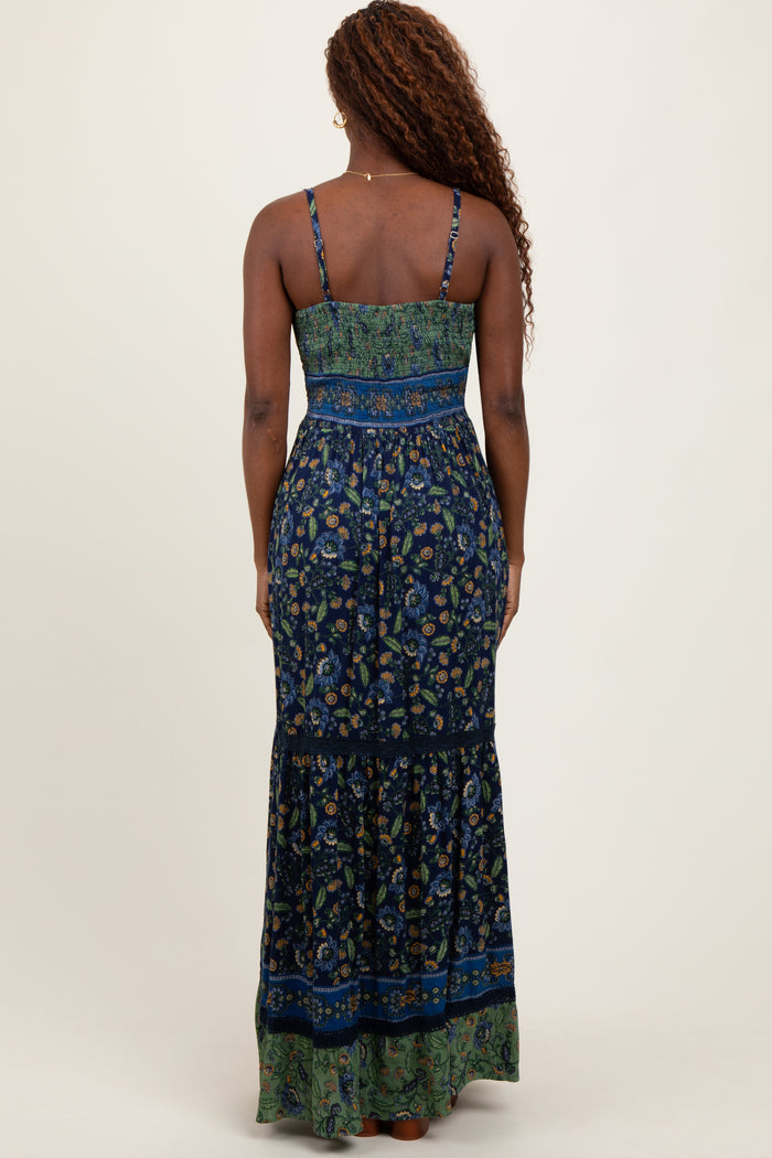 Navy Floral Twist Front Cutout Maxi Dress