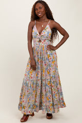 Mint Green Floral Twist Front Cutout Maxi Dress