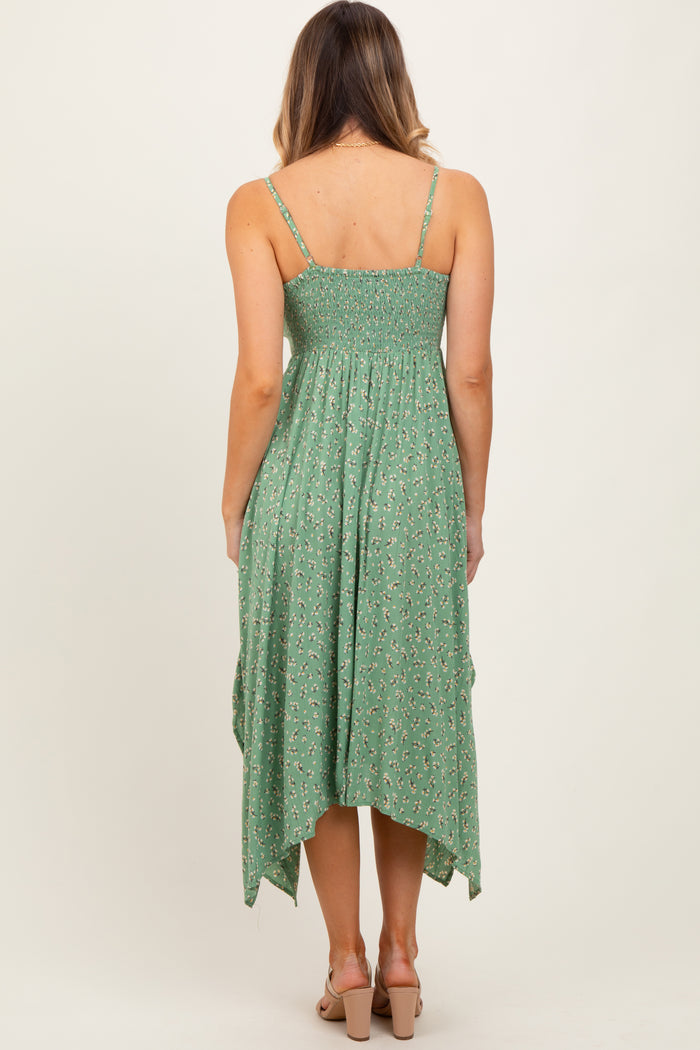 Light Olive Floral Handkerchief Hem Midi Dress