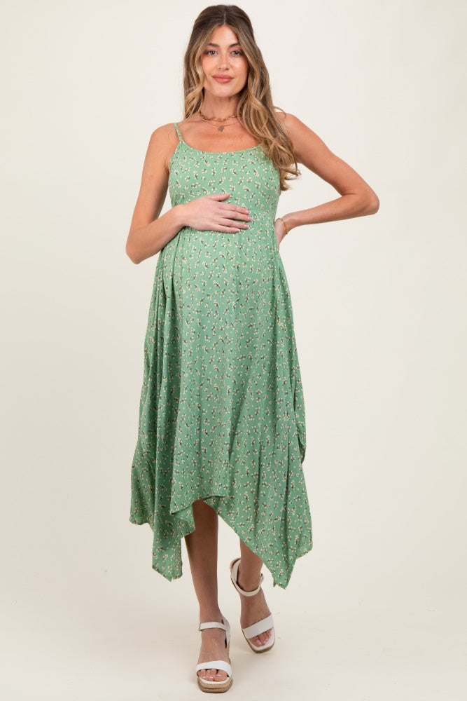 Light Olive Floral Handkerchief Hem Maternity Midi Dress