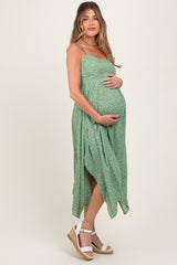 Light Olive Floral Handkerchief Hem Maternity Midi Dress
