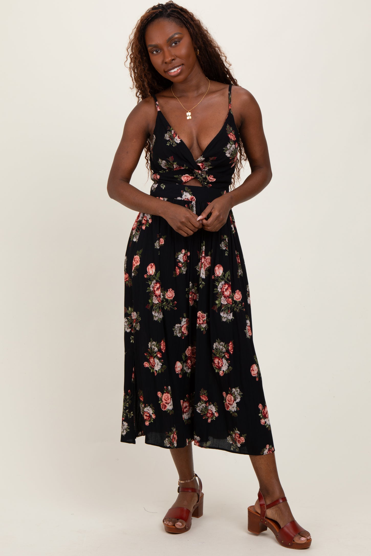 Black Rose Print Twist Front Cutout Maternity Midi Dress