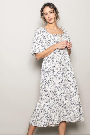 Ivory Floral Front Tie Puff Sleeve Midi Dress