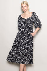 Black Floral Front Tie Puff Sleeve Midi Dress