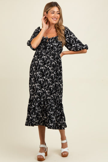Black Floral Front Tie Puff Sleeve Maternity Midi Dress