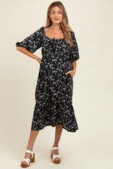 Black Floral Front Tie Puff Sleeve Maternity Midi Dress