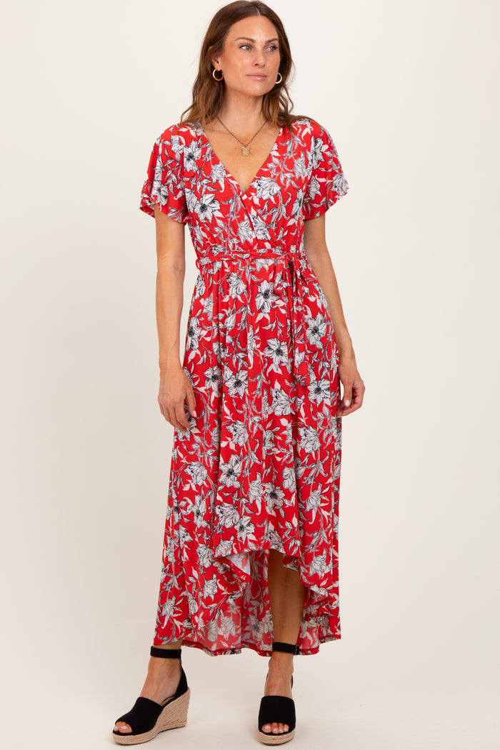 Red Floral Sash Tie Maternity Wrap Hi-Low Dress