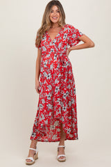 Red Floral Sash Tie Maternity Wrap Hi-Low Dress