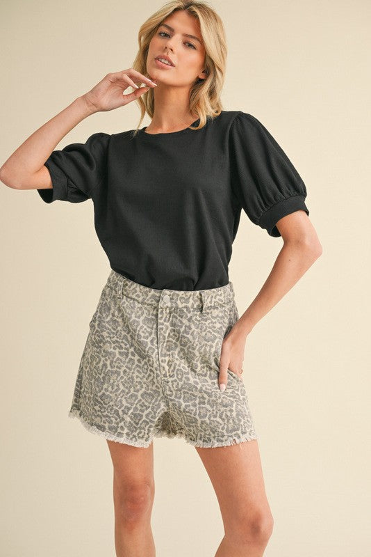 Black Ribbed Puffed Sleeve Top