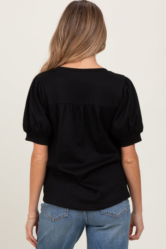 Black Ribbed Puffed Sleeve Maternity Top