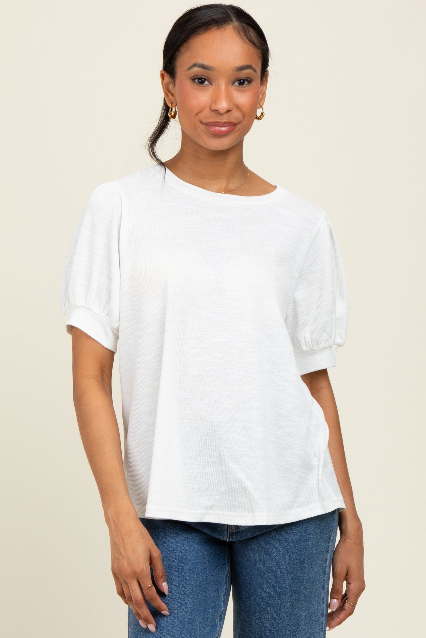 Ivory Ribbed Puffed Sleeve Top