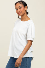Ivory Ribbed Puffed Sleeve Top
