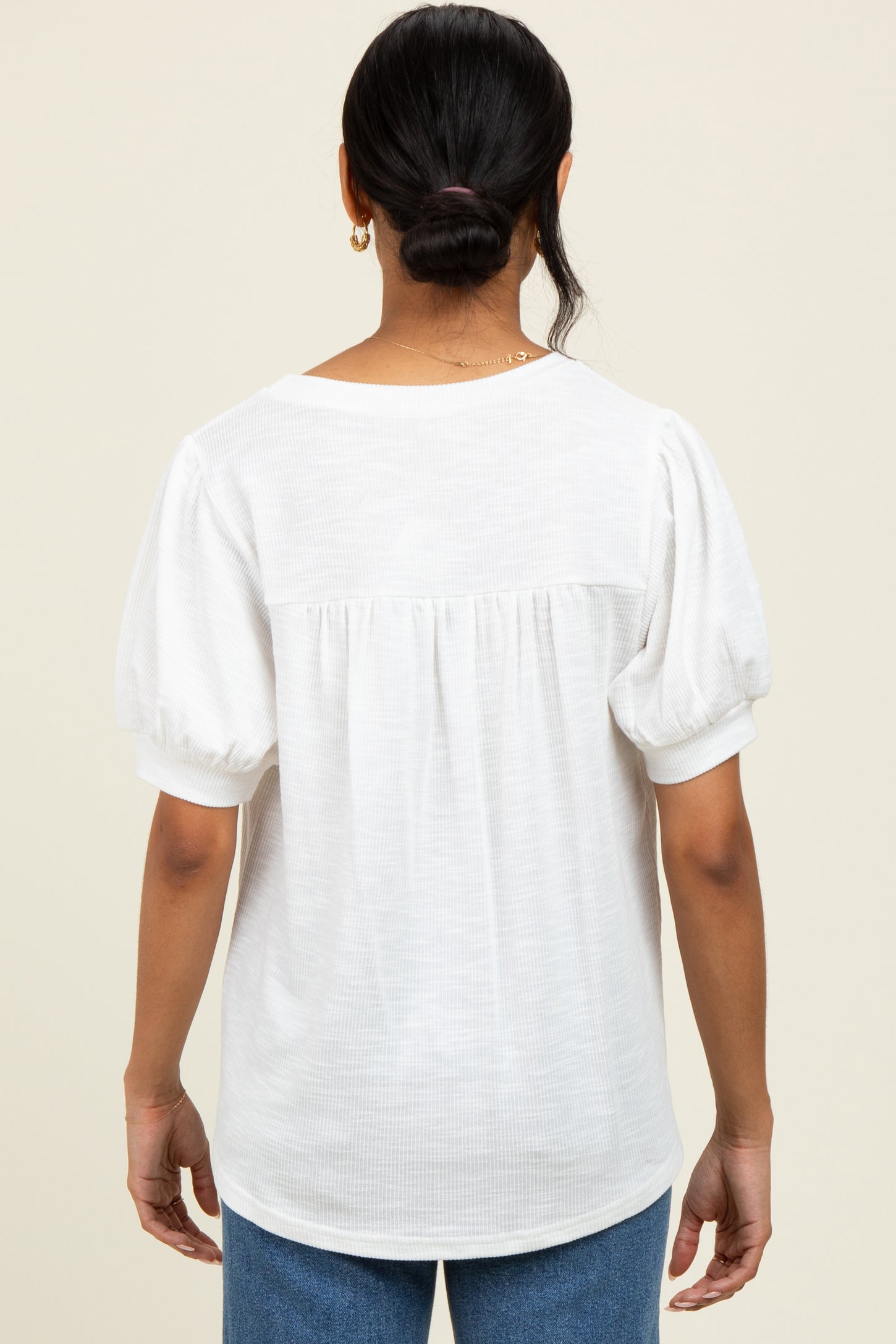 Ivory Ribbed Puffed Sleeve Top