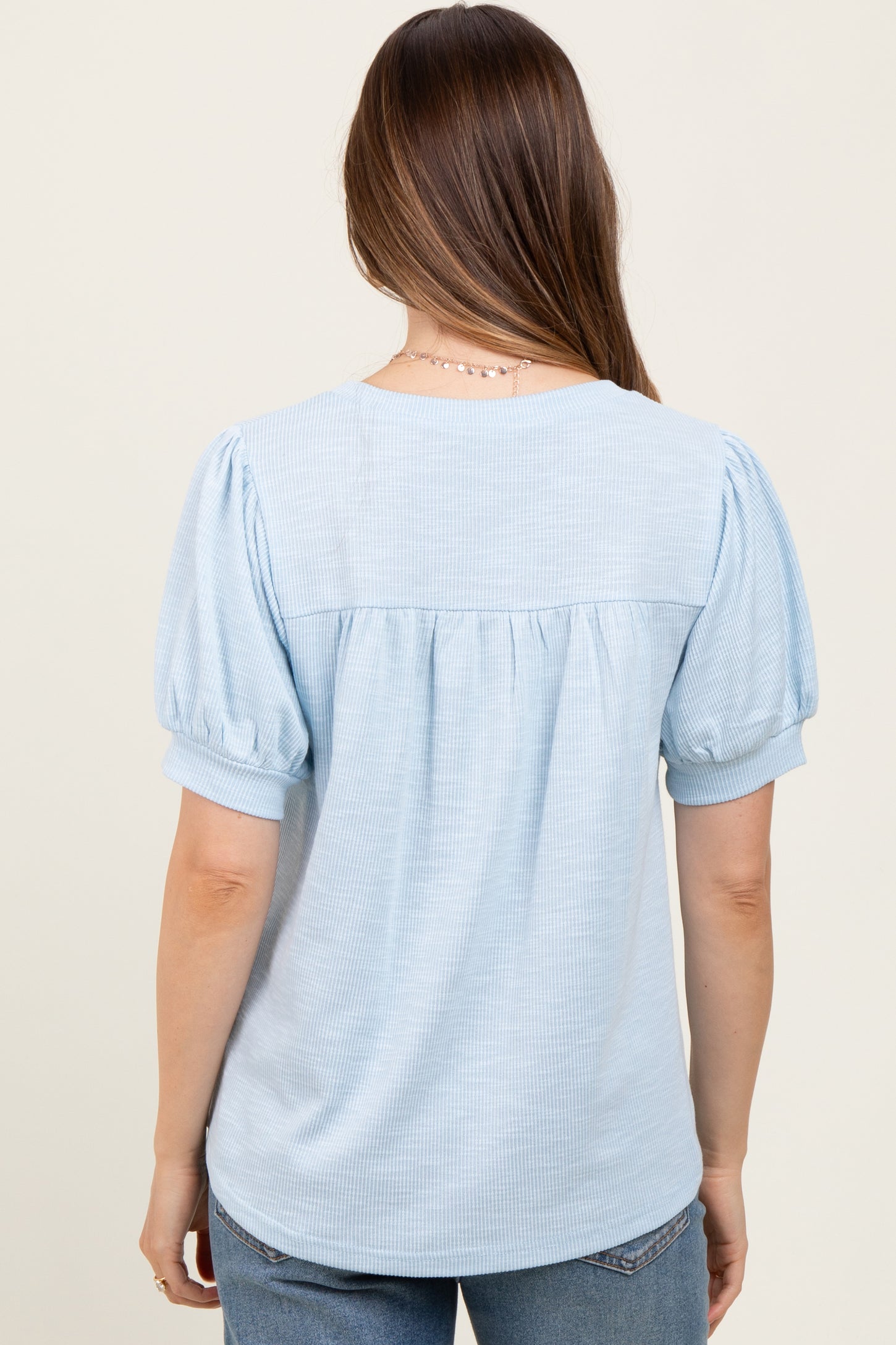 Light Blue Ribbed Puffed Sleeve Maternity Top