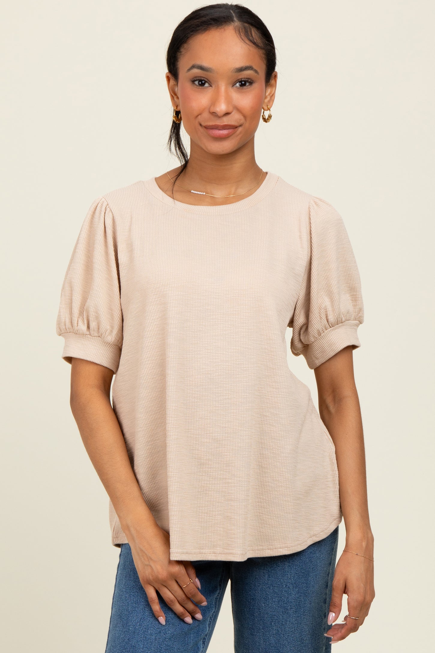 Beige Ribbed Puffed Sleeve Top