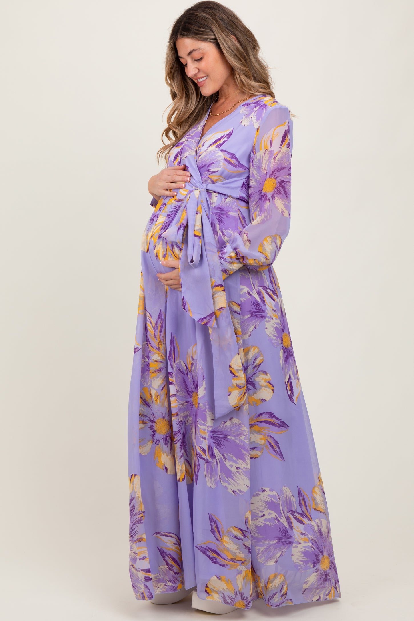 Lavender Floral Chiffon Sash Tie Maternity Wrap Maxi Dress
