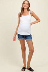 Navy Cuffed Raw Hem Maternity Denim Shorts