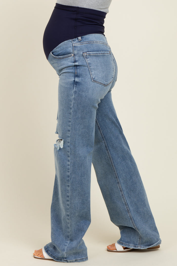 Blue Ripped Knee Wide Leg Maternity Jeans