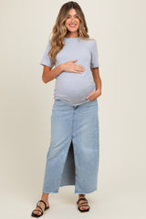 Light Blue Front Slit Fringe Hem Maternity Denim Maxi Skirt