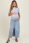 Light Blue Front Slit Fringe Hem Maternity Denim Maxi Skirt