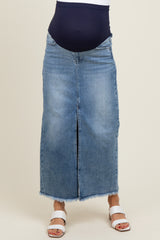 Blue Front Slit Fringe Hem Maternity Denim Maxi Skirt