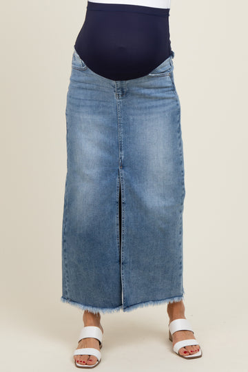 Blue Front Slit Fringe Hem Maternity Denim Maxi Skirt