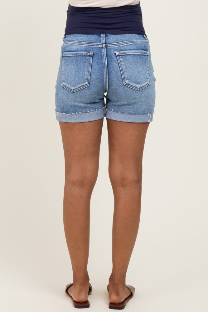 Blue Raw Cut Hem Cuffed Maternity Jean Shorts