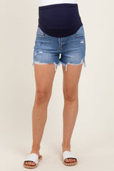 Blue Super Distressed Maternity Jean Shorts