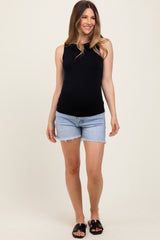 Light Blue Fringe Hem Maternity Jean Shorts