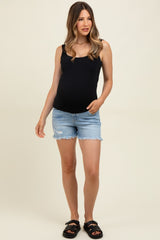 Light Blue Distressed Frayed Hem Maternity Shorts