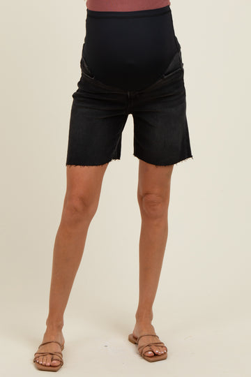 Black Raw Cut Hem Mid Length Maternity Denim Shorts