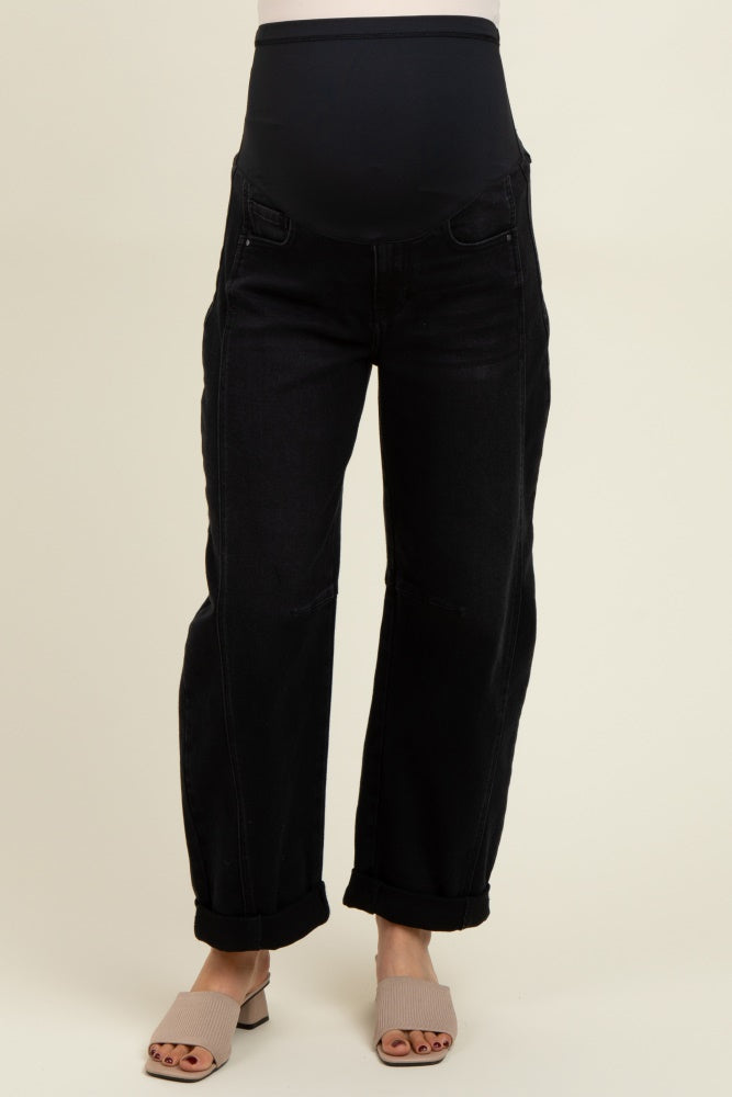 Black Rolled Cuff Barrel Leg Maternity Jeans