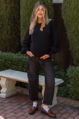 Black Rolled Cuff Barrel Leg Maternity Jeans