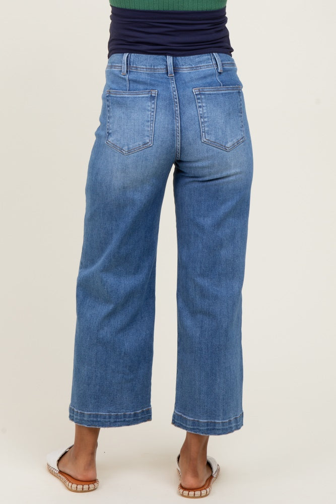 Blue Front Seam Cropped Wide Leg Maternity Jeans