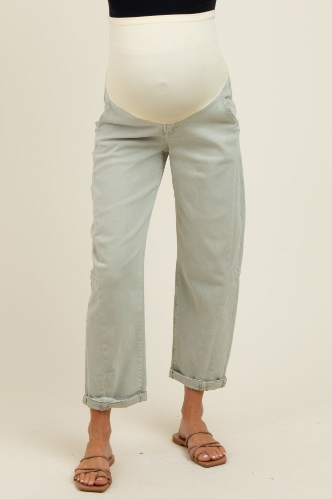 Light Olive Rolled Cuff Barrel Leg Maternity Jeans