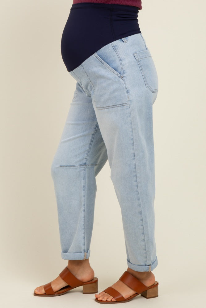 Light Blue Rolled Cuff Barrel Leg Maternity Jeans
