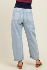 Light Blue Rolled Cuff Barrel Leg Maternity Jeans