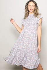Light Blue Floral Mock Neck Smocked Ruffe Sleeve Maternity Midi Dress