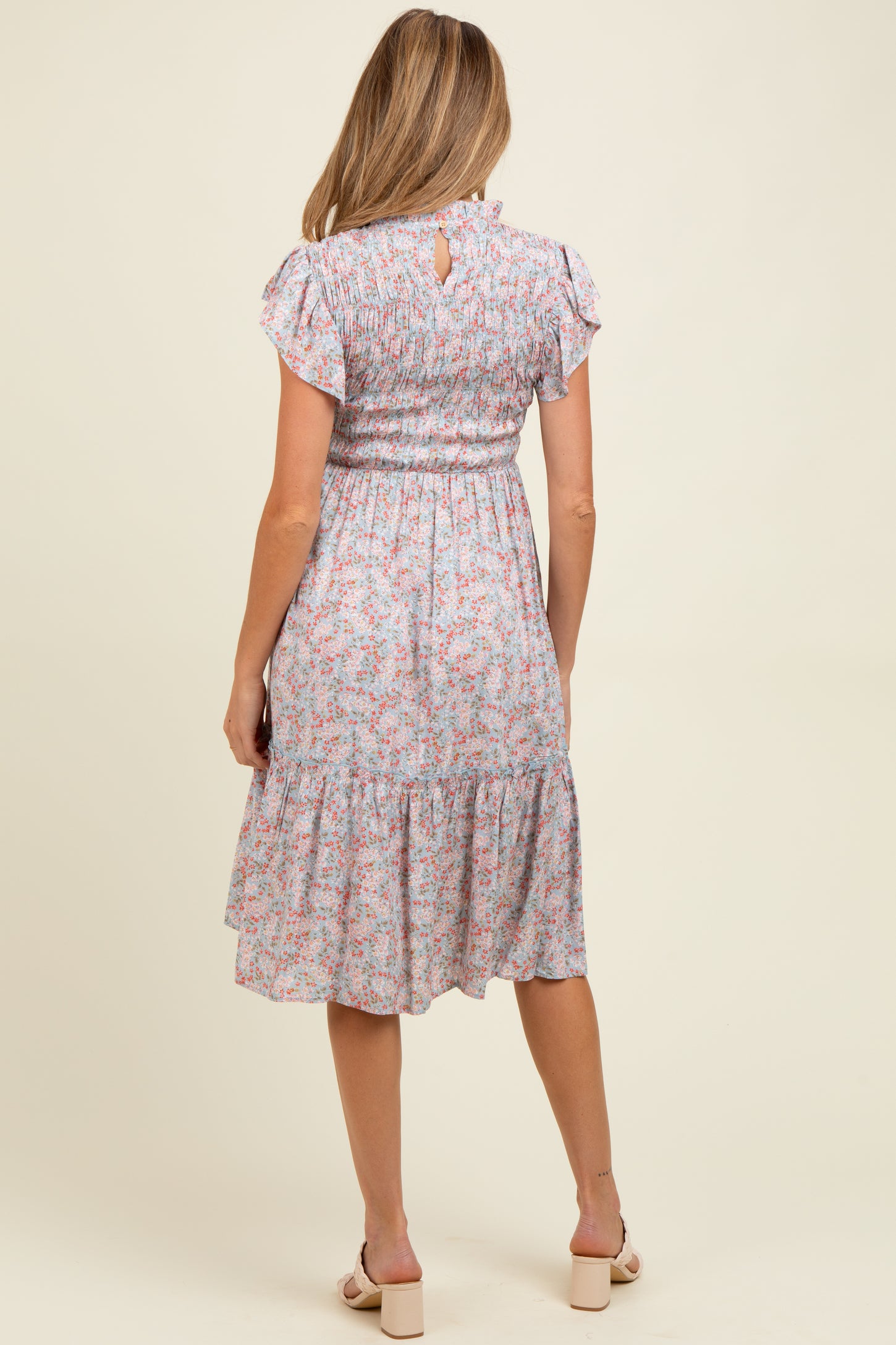 Light Blue Floral Mock Neck Smocked Ruffe Sleeve Maternity Midi Dress