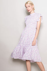 Pink Floral Mock Neck Smocked Ruffe Sleeve Midi Dress