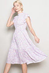 Pink Floral Mock Neck Smocked Ruffe Sleeve Midi Dress