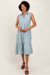 Light Olive Tiered Sleeveless Midi Shirt Dress