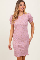Mauve Floral Ribbed Puff Sleeve Maternity Fitted Dress